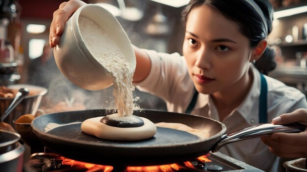 Vue de devant cuisinière versant de la farine blanche dans la casserole sur de la pâte foncée emploi d'œuf boulangerie hotcake cuisine