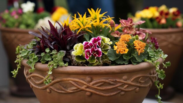 Vue de devant d'une décoration florale dans un pot