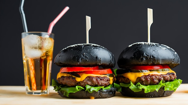 Photo vue de devant délicieux arrangement de hamburger noir avec du soda sur un verre génératif ai