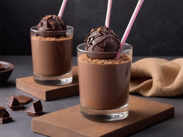 Vue de devant d'un dessert au chocolat dans un verre avec de la paille