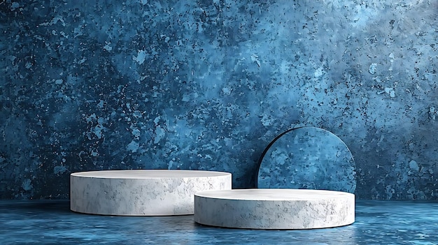 Vue de devant de deux podiums blancs ronds vides sur un fond bleu foncé Art minimal bac IA générative