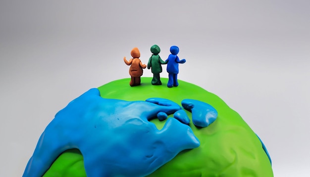 Vue de devant du globe de plasticine et des gens génératifs ai