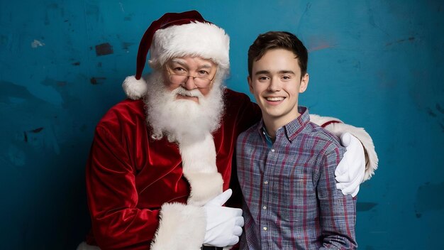 Photo vue de devant du père noël avec le jeune homme sur le mur bleu