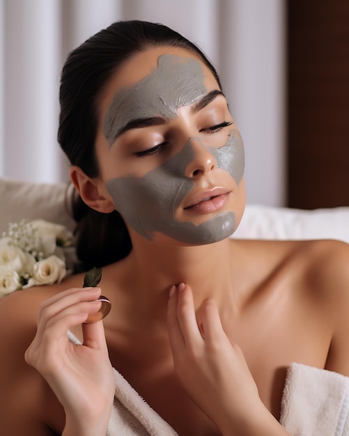 Vue de devant femme appliquant un masque facial organique de spa