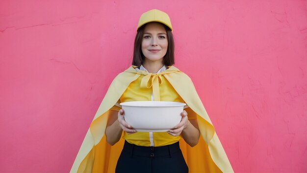 Photo vue de devant femme courrier en uniforme jaune et cape tenant un bol de livraison sur le service de mur rose