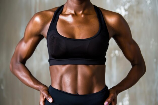 Vue de devant d'une femme en forme montrant ses muscles abdominaux