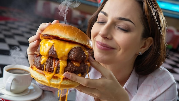 Vue de devant femme mangeant un hamburger à la viande