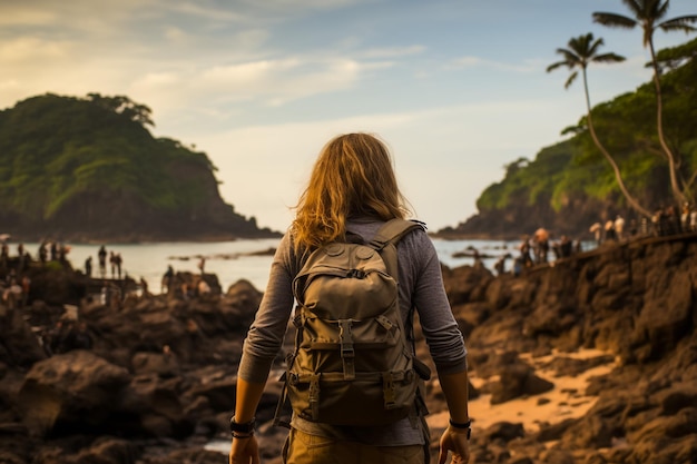 Vue de devant d'une femme randonneuse âgée debout à l'extérieur dans la nature au coucher du soleil