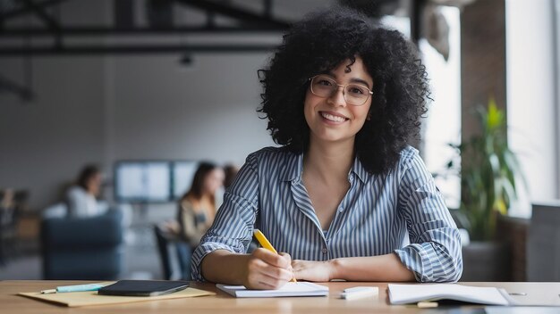 Vue de devant femme souriante prenant des notes