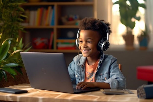 Vue de devant d'un garçon afro-américain jouant à un jeu sur une tablette numérique à la table à manger dans la cuisine à la maison AI générative