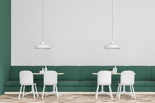 Vue de devant d'un intérieur de café mural vert et blanc avec des canapés verts et des chaises blanches. Un gros plan. Concept de déjeuner d'affaires. Rendering 3D mock up