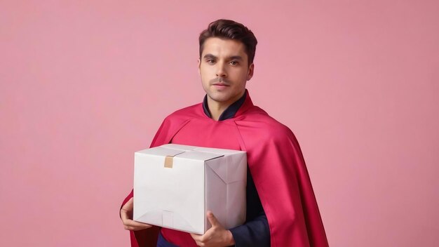 Vue de devant jeune courrier masculin en cape uniforme rouge tenant un paquet de nourriture en papier sur le fond rose