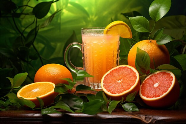 Photo vue de devant d'un jus d'orange frais dans un verre servi avec de la menthe et de la citron vert sur une table en bois