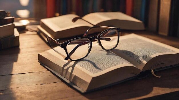 Vue de devant des livres ouverts avec des lunettes