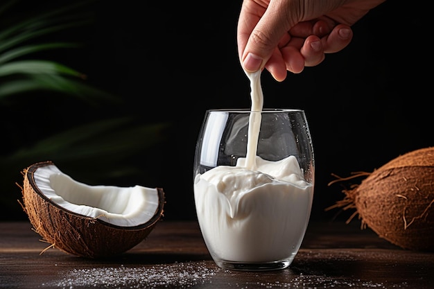 Photo vue de devant de la main versant du lait de coco dans un verre