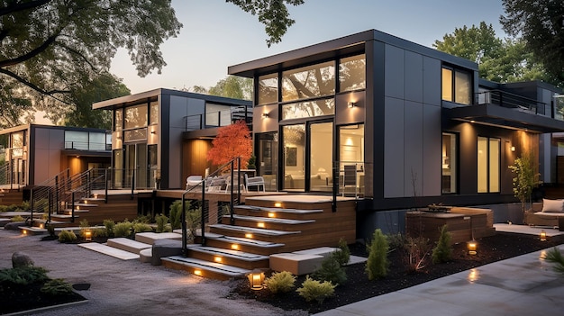 Vue de devant d'une maison moderne Maison modulaire contemporaine avec concept de vue ouverte Extérieur de la maison moderne