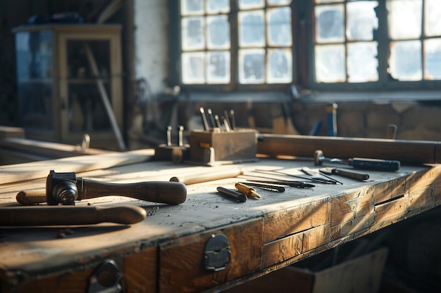 Vue de devant des outils de charpentier sur une table de charpenterie dans un atelier