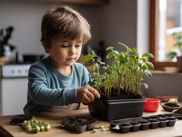 Vue de devant d'un petit garçon plantant des pousses à la maison