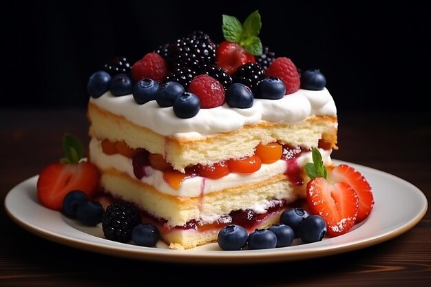 Vue de devant petit gâteau crémeux avec des fruits tranchés sur une surface sombre