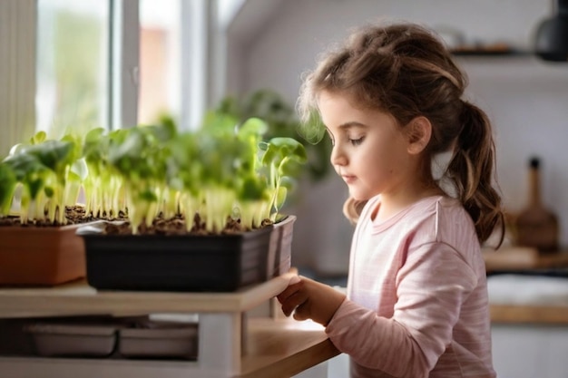 Vue de devant d'une petite fille mesurant des pousses qui poussent à la maison