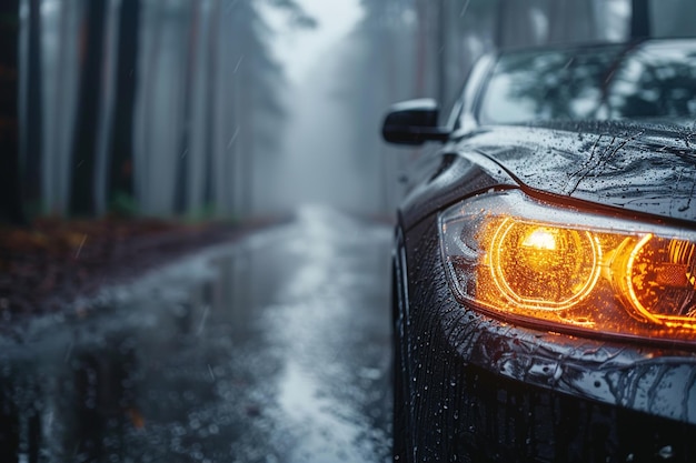 Vue de devant d'un phare de voiture noire moderne brillant en orange contre une route de forêt brumeuse sous la pluie