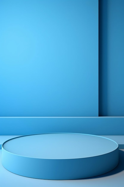 Photo vue de devant d'un podium blanc rond vide sur fond bleu pour la présentation de produits cosmétiques