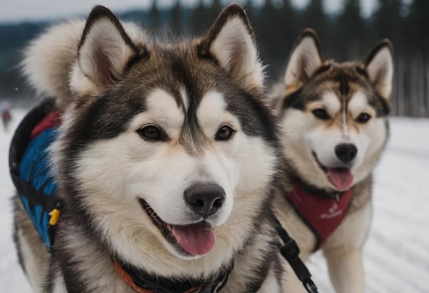 Vue de devant de quatre huskies sibériens en course en hiver