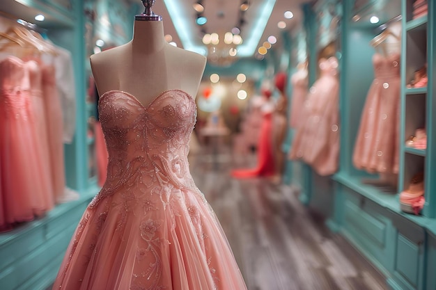 Vue de devant d'une robe de mariée rose dans un salon de mariée avec de l'espace pour le texte Concept Robe de mariée Salon de mariée Robe rose Vue de front Espace de texte