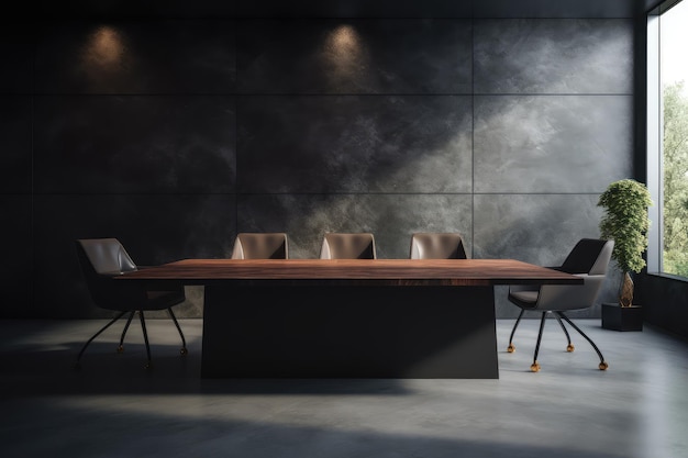 Vue de devant d'une salle de conférence moderne vide avec une table de bureau