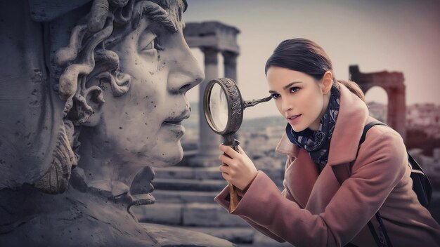 Photo vue de devant touriste féminine tenant une loupe