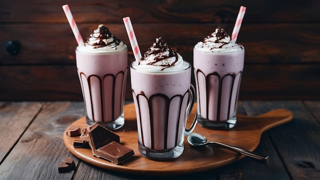 Vue de devant des verres de milk-shake avec du chocolat et de l'espace de copie
