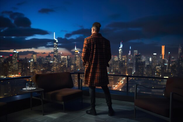 Vue de dos sur la personne en tenue de soirée classique avec une belle vue sur le panorama nocturne de la ville