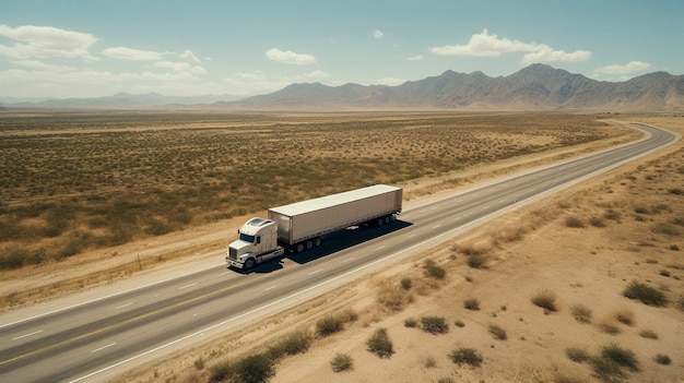 Vue de drone d'un camion qui descend une autoroute par une journée ensoleillée