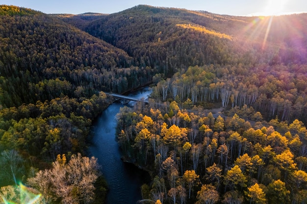 Vue de drone sur la forêt d'automne et la petite rivière de montagne dans l'Extrême-Orient de la Russie