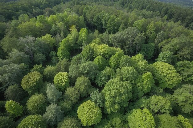 Vue de drone d'une forêt verte étonnante avec des arbres et des arbustes poussant à la campagne