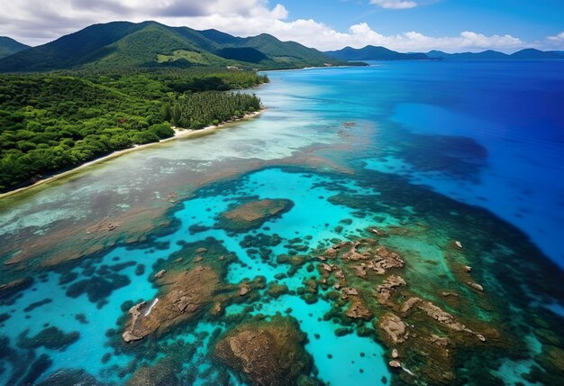 Vue de drone sur les récifs coralliens aux Seychelles