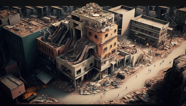Vue de drone de la ville avec des bâtiments effondrés et détruits après une ville apocalyptique AI