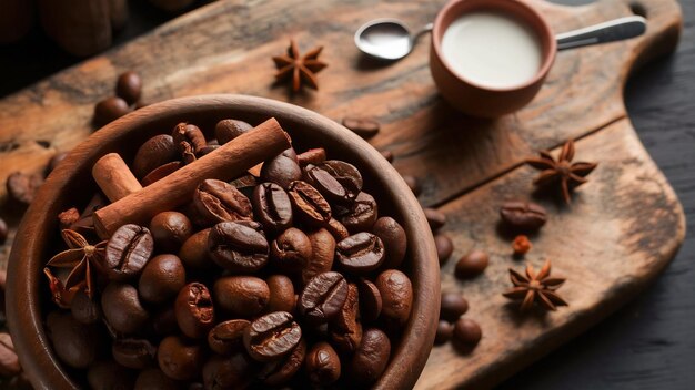 Vue du bas grains de café torréfiés dans un bol anis canelle bâtons petit bol de lait sur planche en bois sur da