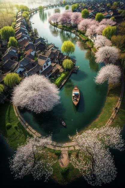 Vue du bateau sur la rivière avec des cerisiers en fleurs générative ai