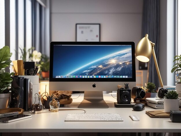 Vue du bureau avec ordinateur et décorations