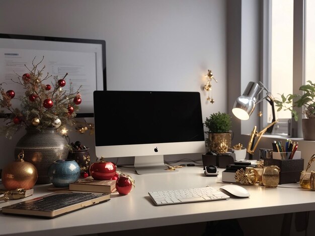 Photo vue du bureau avec ordinateur et décorations