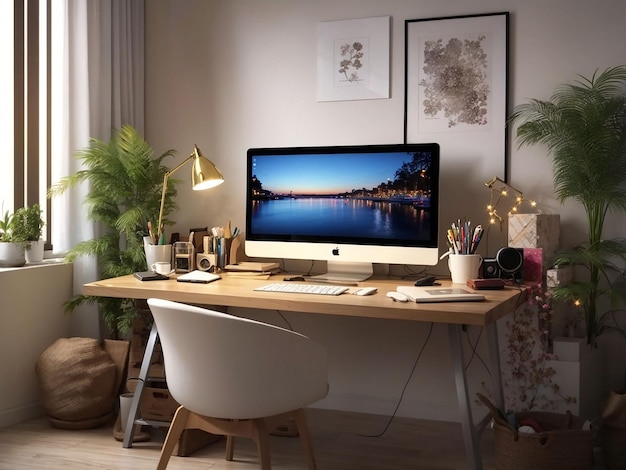 Vue du bureau avec ordinateur et décorations