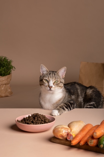 Photo vue du chat avec un bol de nourriture