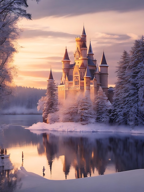 Vue du château avec le paysage de la nature hivernale un pays des merveilles hivernales généré par l'IA