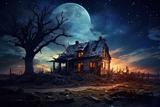 Vue du ciel nocturne d'une maison abandonnée avec une architecture endommagée et des fenêtres brisées parmi les arbres