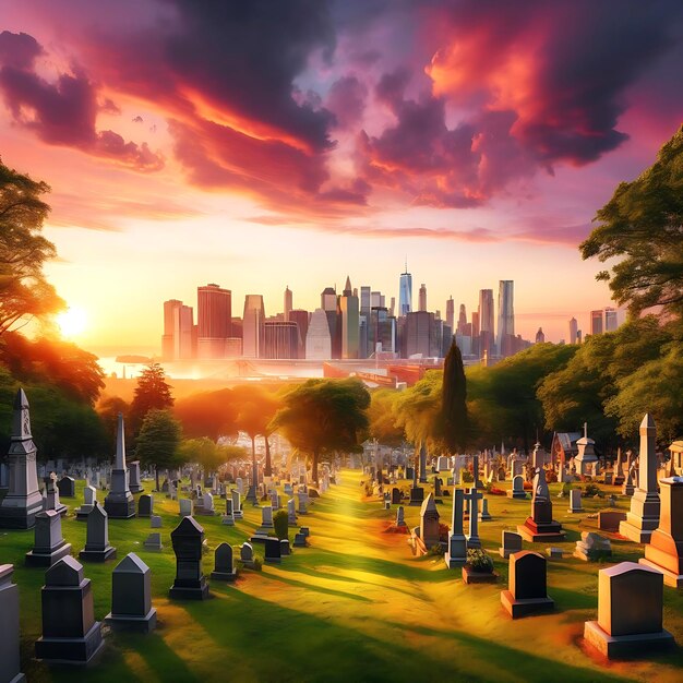 Photo vue du cimetière de bois vert à brooklyn avec l'horizon de la ville de manhattan beau coucher de soleil ai generete