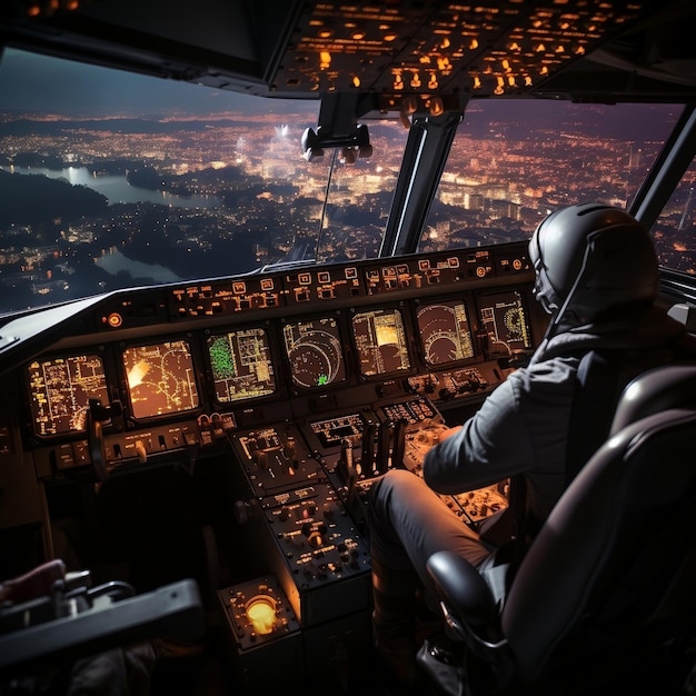 vue du cockpit de l'équipage de cabine la nuit dans le style de paysages photoréalistes énergie urbaine