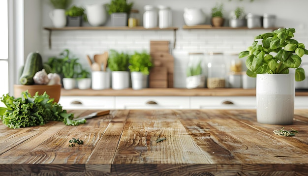 Photo vue du concept de cuisson d'aliments sains sur des légumes à feuilles vertes fraîches et des ustensiles de cuisine sur le comptoir