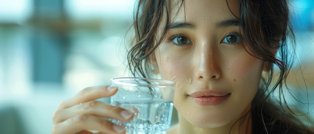 Vue du côté d'une femme asiatique avec une queue de cheval brune appréciant un verre d'eau dans une pièce propre avec des murs blancs