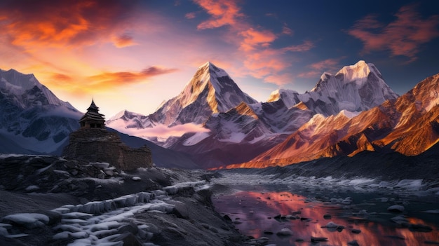 vue du coucher du soleil sur le monastère du tibet des montagnes de l'himalaya